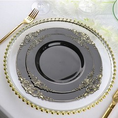 10 BLACK GOLD 8″ Round Plastic Salad Dinner PLATES Embossed Baroque Rim Party