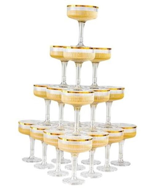 20 Pack Plastic Champagne Tower, 7oz Champagne Coupe glasses Unbreakable Gold