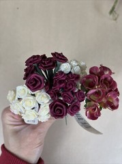 VTG Lot Mini Satin Ribbon Rose Flowers Wire Stem, Brooms Wedding Shower Craft