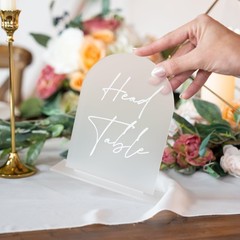 5×7 Frosted Arch Acrylic Table Numbers 1-15, Stands, Head Table Sign,White Font