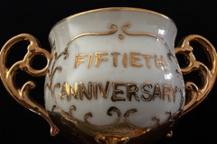Vintage~50th Anniversary Chalice/Stemmed Cup w/2 Handles~Gold Trim & Flowers