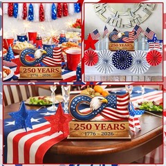 250th Anniversary Eagle Decor 8 Inch Patriotic 1776-2026 Wooden Blue and Red