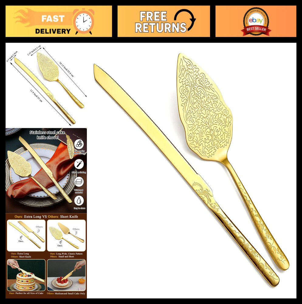 Elegant Gold Wedding Cake Knife & Server Set – Titanium Plated, Unique Design, D