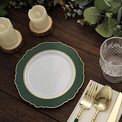 10 WHITE HUNTER GREEN 8″ Round Plastic SALAD PLATES Blossom Design Events
