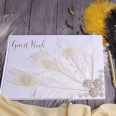 Peacock Ostrich Feather Wedding Guestbook Bling Pen Memories Album Sign In New