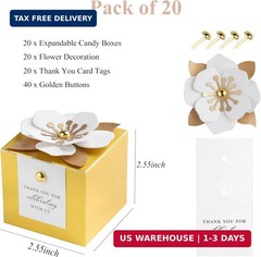 FEIYI 20 PCS Candy Boxes, 3 In 1 Gold Favor Boxes with Floral Decor, White Thank