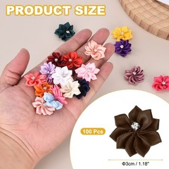 100 Pcs Ribbon Flowers, 1.2 in Fabric Flowers with Rhinestones, Dark Brown