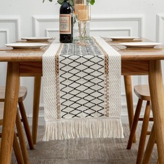 Table Runner Linear End, Boho Style with Tassels, Cotton & Linen, Farmhouse H…