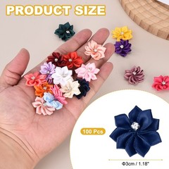 100 Pcs Ribbon Flowers 1.2 in Fabric Flowers with Rhinestones Navy
