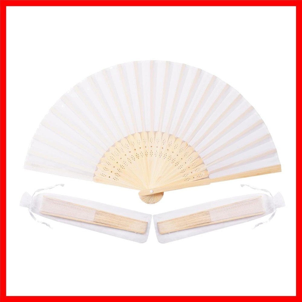 50-Pack Elegant White Silk-Inspired Hand Fans with Organza Bags for Weddings …