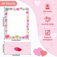 50 Pack Valentine’s Day Letterhead with Envelopes Love Heart Border Colorful