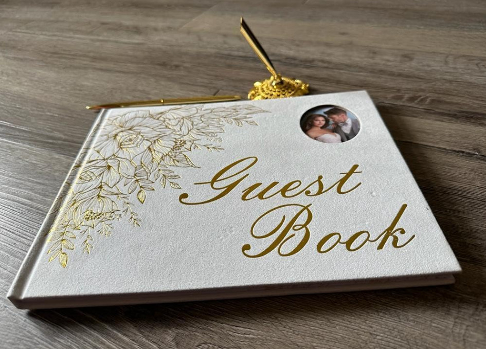 Event Guest Book – White w/Gold Trim Floral Theme. Gold Stand and Pen – New!
