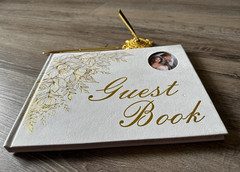 Event Guest Book – White w/Gold Trim Floral Theme. Gold Stand and Pen – New!