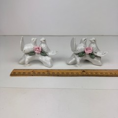 2 Vtg White Figurines Birds Doves Roses Leaves Branch Wedding Tabletop Deco Gold