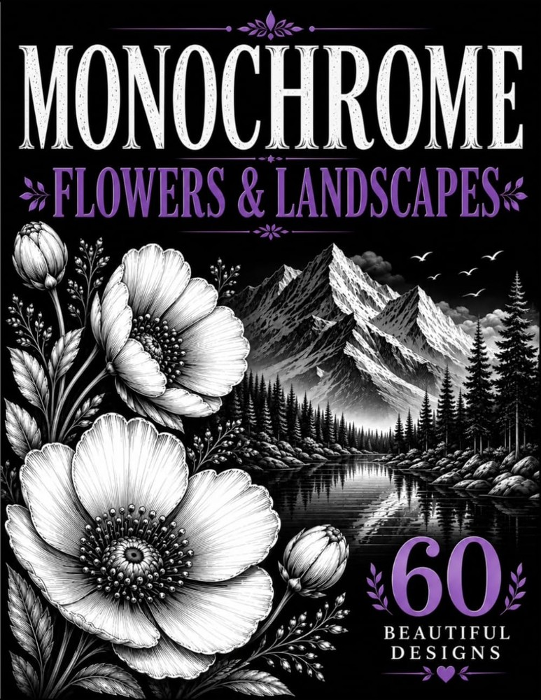 Monochrome Coloring Book for Adults: One Color Flowers and Scenic Landscapes…