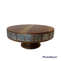 Cake Stand Riser 4.5” High 11” Round Wood Galvanized Metal Band Trim India Made