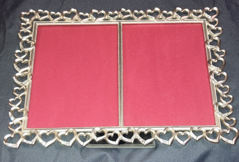 Fetco Open Hearts Double Picture Frame Silver Rhinestone Metal Table Top 5″ x 7″