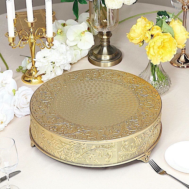 GOLD 18″ wide Round Floral Embossed Cake Stand Cupcake Display Wedding Party