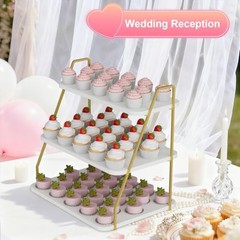 Cupcake Stand, 3-Tier Dessert Stand for 55 Cupcakes, Wood & Metal White & Gold