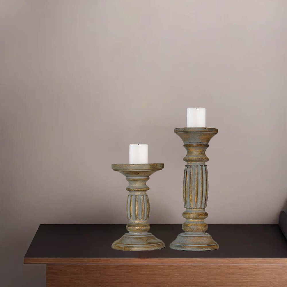 Eco-Friendly Traditional Gray Wash Handmade Mango Wood Set Of Two Candle Holder