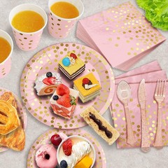 175PCS Pink Rose Gold Party Plates Set for 25 Guests Disposable Cutlery Cups