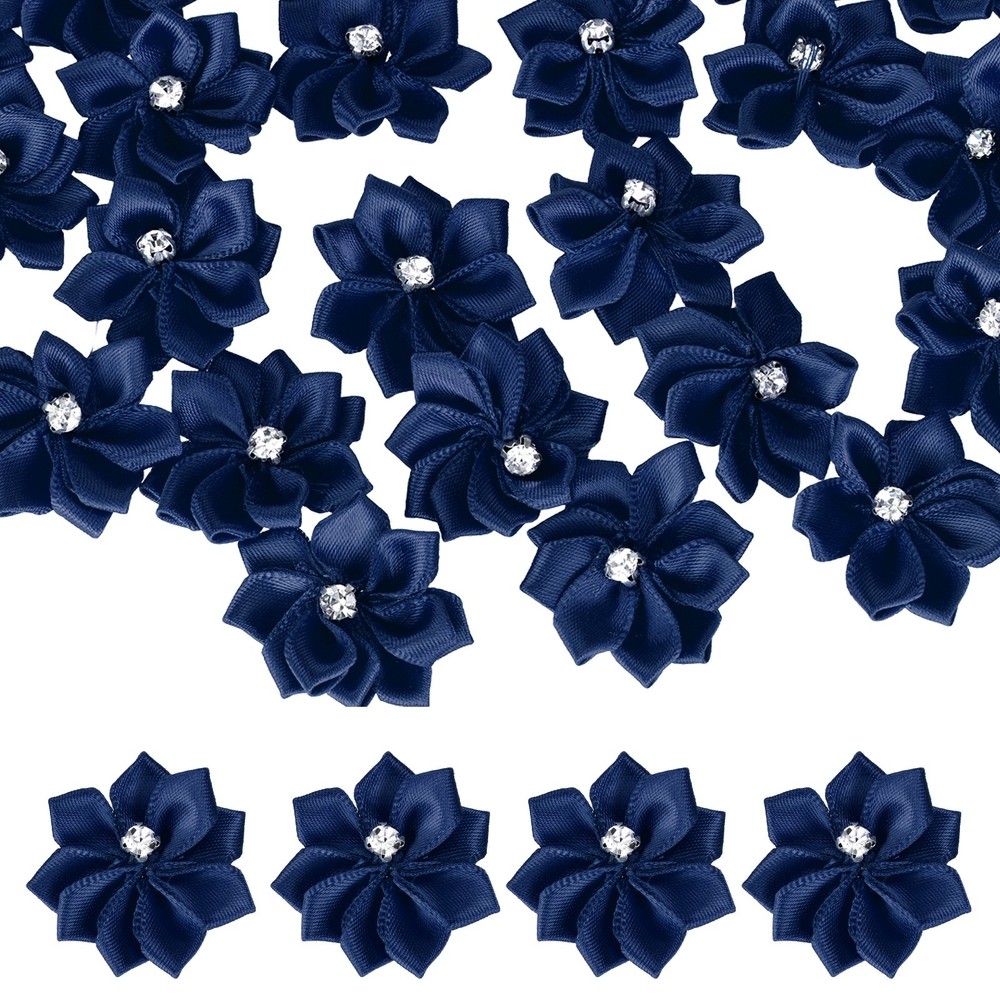 100 Pcs Ribbon Flowers, 1.2 in Fabric Flowers with Rhinestones, Navy