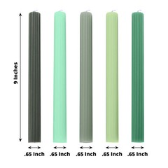 ASSORTED GREEN 5 Ribbed Design 9″ Unscented Premium Wax Taper CANDLES Party