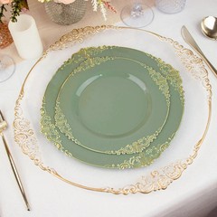 10 DUSTY SAGE GOLD 10″ Round Plastic Salad Dinner PLATES Embossed Baroque Rim