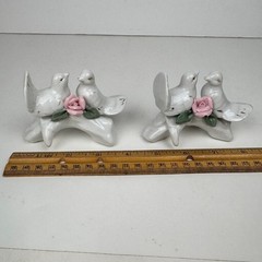 2 Vtg White Figurines Birds Doves Roses Leaves Branch Wedding Tabletop Deco Gold