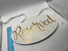 Set Of 4 Wooden White & Gold Lettering Reserved Signs+White Ribbon Ties -Wedding