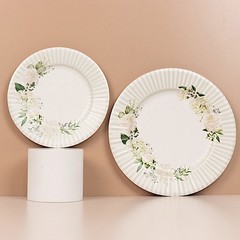 25 White 8″ Dessert Paper Plates with Sage Green Floral Lined Rim Decorations