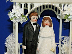 New Elegant Gazebo Wedding CakeTop, porcelain couple, pale blue #386