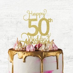 Wedding Anniversary Cake Topper – 50th Party Decoration, Gold