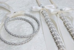 Crystal Pearl Greek Orthodox Wedding Stefana with 2-24″ Wedding Candles in Ivory