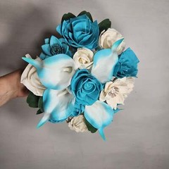 Turquoise Ivory Rose Sola Wood Bridal Wedding Bouquet Accessories