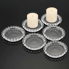 6 Clear Glass Pillar Candle Holder Plates Beaded Rims Party Events Supplies