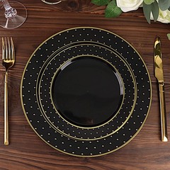 10 BLACK 10″ Round Plastic Salad PLATES GOLD 3D Dotted Rim Events Decorations