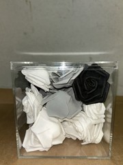 Felt Black, White & Gray Table Centerpiece Rose Buds In 6x6x6 Clear Plastic Box