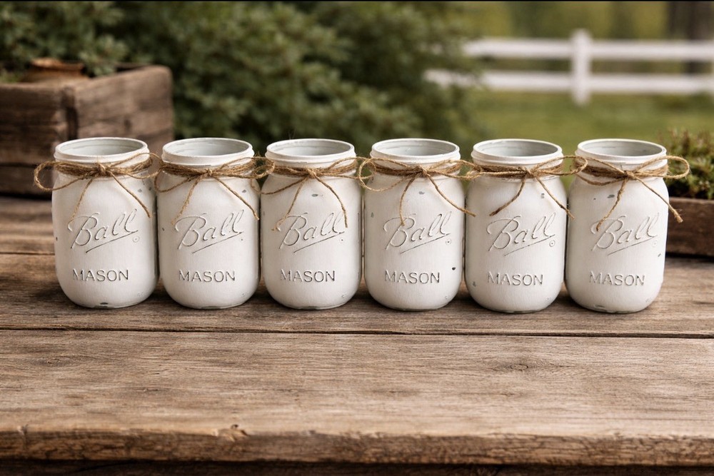 Set of 6 white chalk painted distressed mason jar vases…mix & match colors!