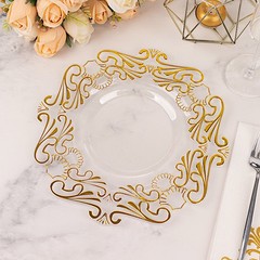 10 Round 8″ CLEAR GOLD Baroque Plastic Salad Dinner PLATES Party Decorations
