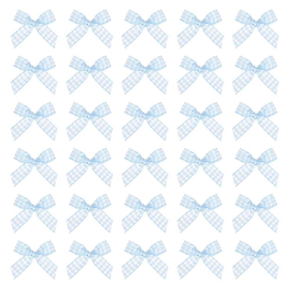 50 Pcs Mini Gingham Ribbon Bows 1.8 Inch Satin Ribbon Bows Light Blue White