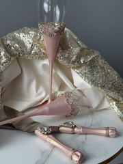 Rose Gold Wedding Champagne Toasting Flutes Cake Cutting Set Cake Knife Server