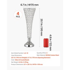 Uimoso Set of 4 Crystal Flower Vases, 20in Tall Silver Table Centerpieces