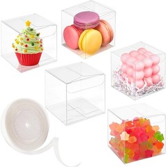 45 Pack 3x3x3 Inches Clear Favor Boxes with Ribbons, Transparent Plastic Cube…