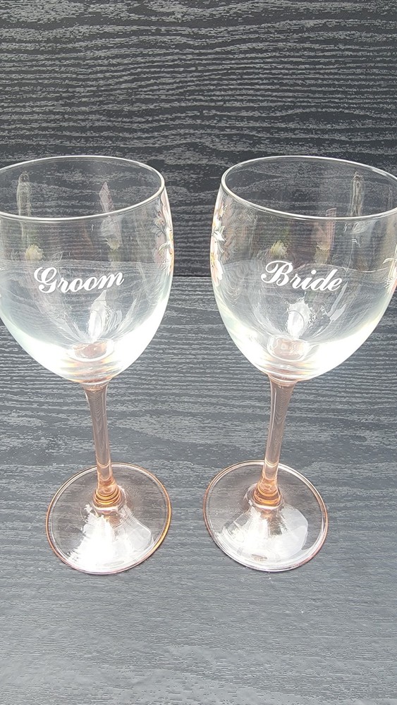 Bride And Groom Etched Champaign Glasses, Made In France. Hand Painted