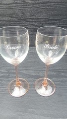 Bride And Groom Etched Champaign Glasses, Made In France. Hand Painted