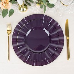 10 PURPLE 11″ Round PLASTIC Salad Dinner PLATES Gold Wavy Rim Wedding Party