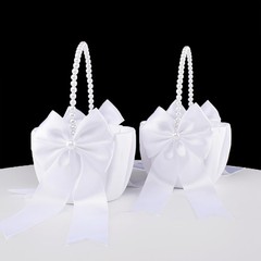 2 PCS White Wedding Flower Girl Basket Pearl Handle Cute Flower Basket