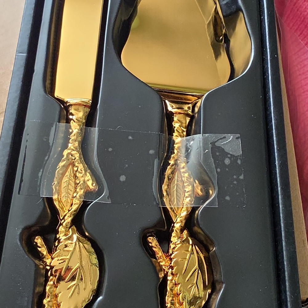 Gold Leaf Handle Cake Knife & Server Set, 2-Piece Metal Glossy Botanical
