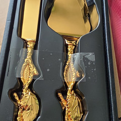 Gold Leaf Handle Cake Knife & Server Set, 2-Piece Metal Glossy Botanical